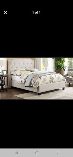 Brand New Beige Linen Fabric Bed with Nail head Trim