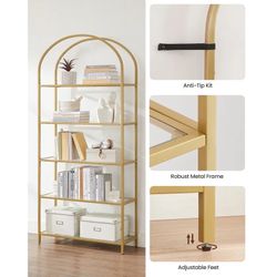 5-Tier Gold Bookshelf Display Storage Shelf Modern Bookcase with Metal Frame for Bedroom Living Room Golden Lgt050a