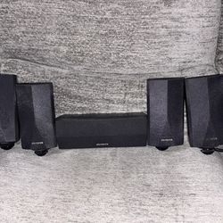 Surround sound system with 4 speakers 1 audio receiver & 1 bass speaker