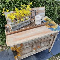 Handpainted Sunflowers Vintage Cabinet Coffee Bar Console Table