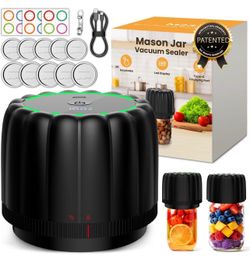 Upgraded Electric Mason Jar Vacuum Sealer Kit with Wide and Regular Mouth Mason Lids -80kpa Automatic Vacuum Pump 2500mAh Battery One Touch Canning Se