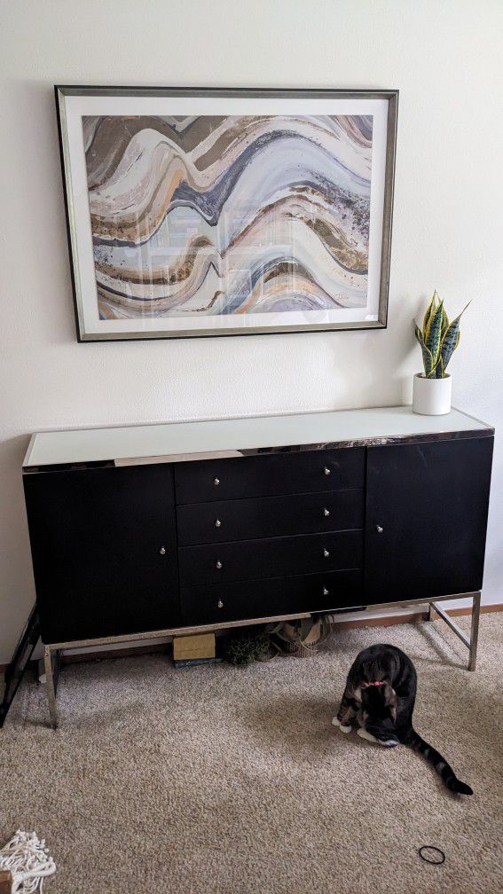 Glass Topped Black Credenza