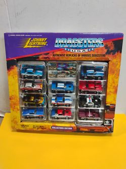 Vintage 1996 Johnny Lightning Dragsters USA Collector's Edition boxed set by Playing Mantis, featuring a 1:64 scale collection of famous replica funny