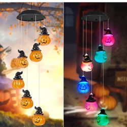 Halloween Outdoor Decorations Solar Wind Chimes for Outside, Pumpkin Halloween Wind Chimes Changing Colors Garden Decor for Outside Patio Window Outdo