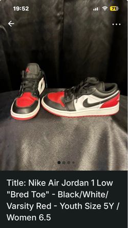 Nike Air Jordan 1 Low Bred Toe Youth 5Y