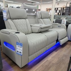 New Power Leather Sofa In Grey, Tons Of Features 