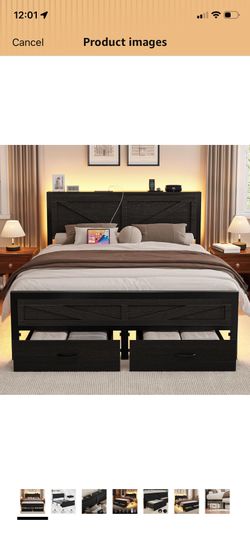 (see description)Rustic Full Size Bed Frame with Storage Drawers and Barn Door Headboard, Farmhouse LED Bed Frame Full with Charging Station, Metal In