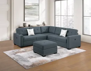 Brand New Dark Gray 4-Piece Sectional Sofa with USB Plugs, Nailhead Trim & Ottoman