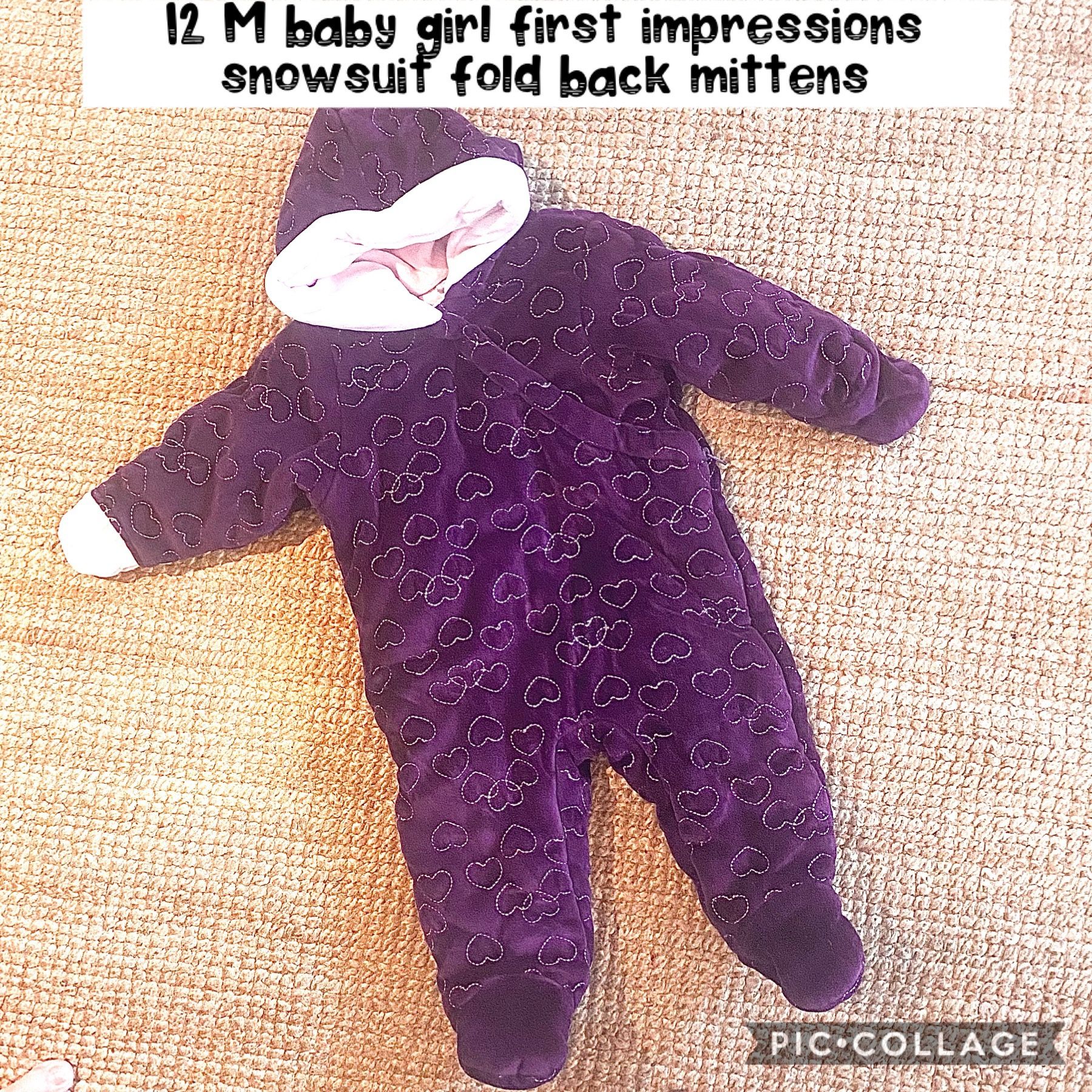 12 M baby girl first impressions Purple Velour Lined footed, hooded hearts, so soft snowsuit fold back mittens