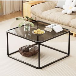 Coffee Table Glass, Minimalist Square Tables for Living Room, Modern Center Table for Office or Small Space, Sturdy Metal Frame, Easy Assembly, 26.4 x