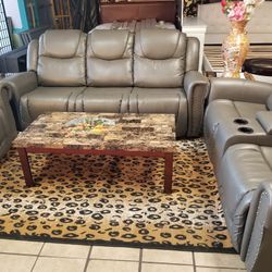 Gray leather reclining sofa love chair