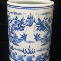 Chinese Blue & White Porcelain Double Dragon Brush Pot
