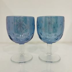 Pair Vintage Bartlett Collins Atomic Star Thumbprint 16oz Blue Glass Wine Goblets