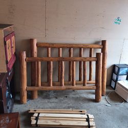 Rustic Wooden Log Carved Headboard & Baseboard