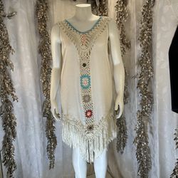 Negs Women’s Boho Crochet Fringe Tunic Cover Up Cream Festival Medium Large