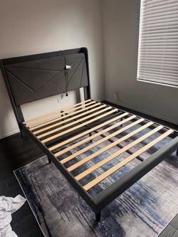 Gray Upholstered Platform Bed Frame with Headboard
