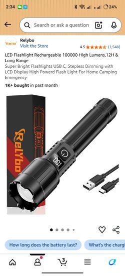 LED Flashlight Rechargeable 100000 High Lumens,12H & Long Range
Super Bright Flashlights USB C, Stepless Dimming with LCD Display High Powerd Flash Li