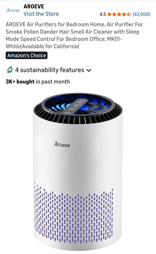 AROEVE Air Purifiers for Bedroom Home, Air Purifier For Smoke Pollen Dander Hair Smell Air Cleaner with Sleep Mode Speed Control For Bedroom Office, M