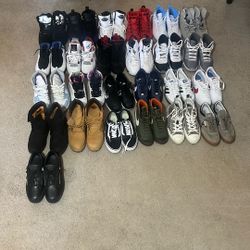 Shoe Collection. Jordan Retros, Designer Shoes, Nike, Vans, and Addidas Classics, And Timberlands Wheat And Black.