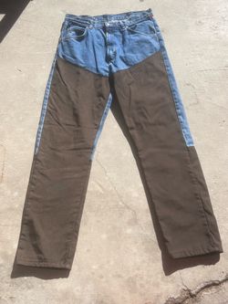 Wrangler Men’s Rugged Wear Straight Regular Fit Blue Denim Jeans Brown Patches