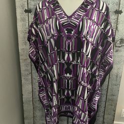 Purple Abstract Geometric Print Knee-length Kaftan With Pockets One Size Fits Most