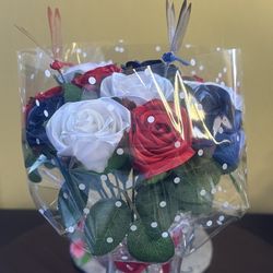 Ribbon Rose Bouquet Red White Blue w Dragonflies