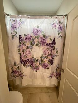 Butterfly Shower Curtain Towels & Valance 8 piece set Purple Polyester Fabric Washable NEW, READ!