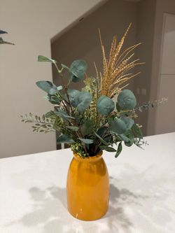 Amber Ceramic Vase with Faux Greenery Arrangement