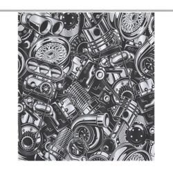 Car Shower Curtain Automobile Car Parts Engine Black White Vintage Art Print Waterproof Bath Curtain for Bathroom Decor with 12 Hooks 72x72 Inch