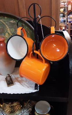 Orange Enamel Cups With Stand- Located In Shelton 