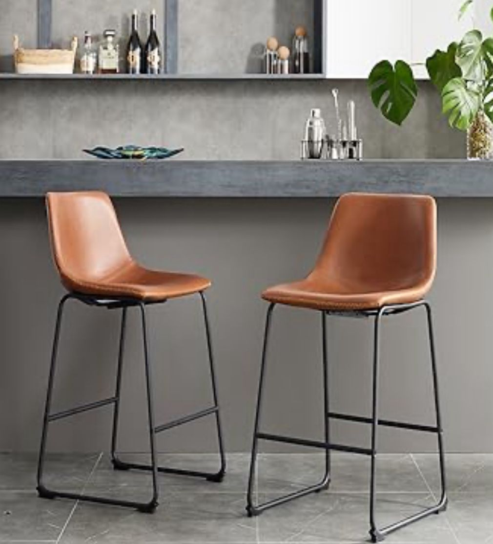 Set Of 2 Whisky Brown Faux Leather Bar Stools