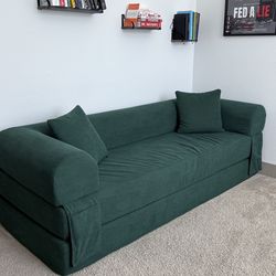 Green Corduroy Cloud Sofa Sleeper – Converts to Bed – Like New
