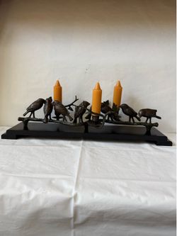 Vintage Wildwood Accents Candle Holder Centerpiece Featuring Detailed Cast Metal Birds Perched Along a Tree Branch witha Black Wooden Base