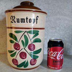 Rumtopf Lidded Crock, Vintage 11-in High Ceramic, Cherry Motif. Yum Rum!