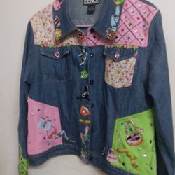 Berer Woman's Size XL Embellished Beaded Jean Jacket Silk Trim