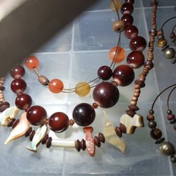 Beautiful Matching Vintage Jewelry Set. Hand Curved Shell. Tigers Eyes.glass Beads. Brass Bracelets. Buying Whole Set Together