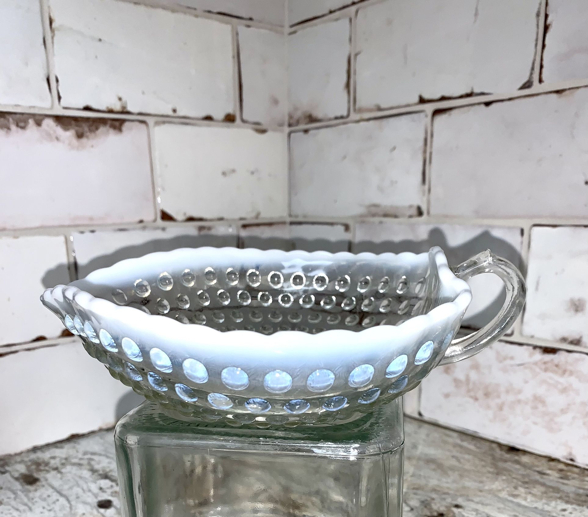 Hobnail Opalescent Moonstone Leaf Candy Dish Made By Anchor Hocking Good Condition, 7” 1950’s
