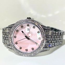 Round Pink Dial Silver CZ Watch 