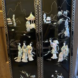 2 Vintage Asian Mother Of Pearl Soapstone Framed Art Wall Plaques | Black/Gold