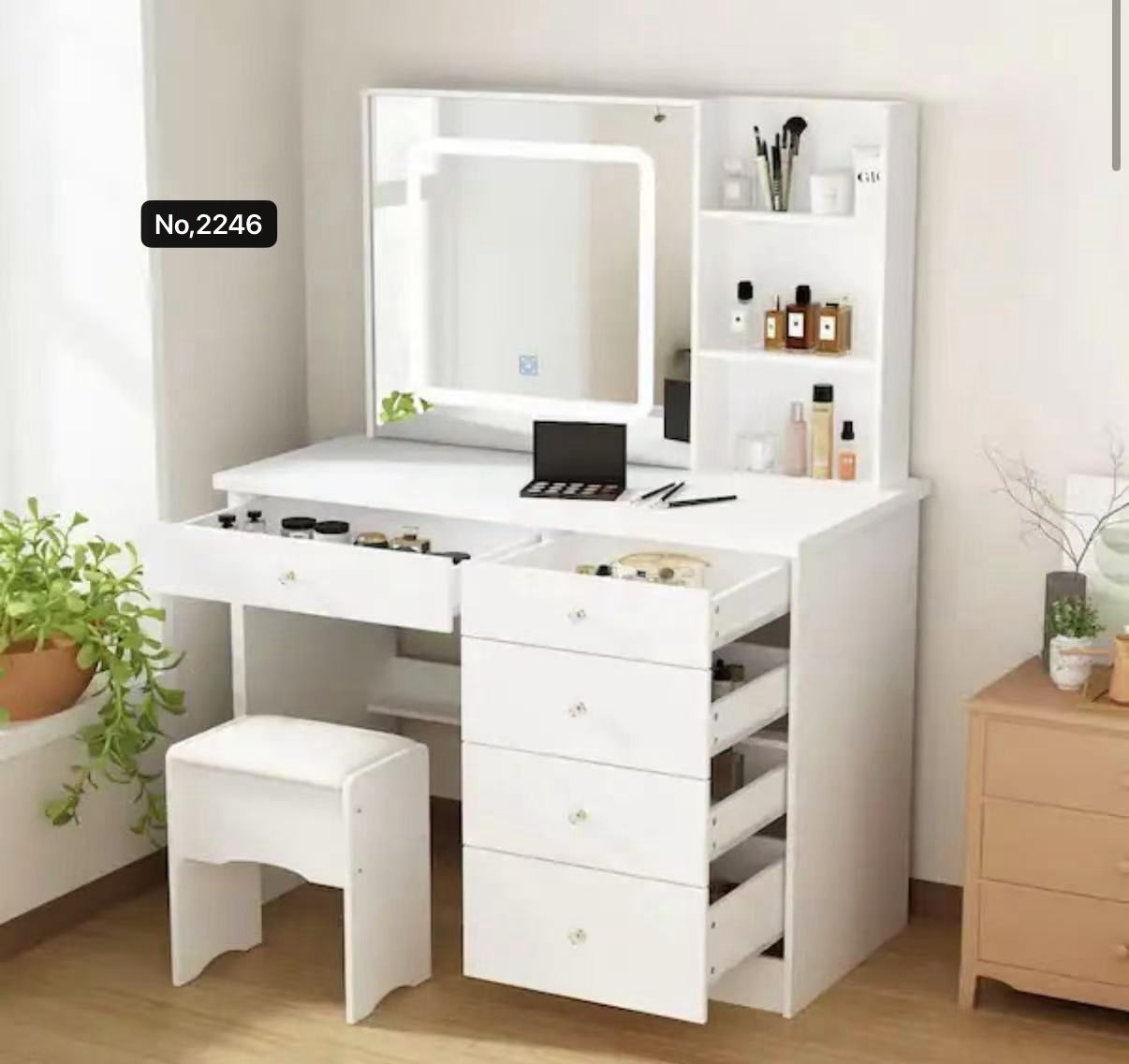 Large Vanity Table Set Makeup Vanity Dressing Table with Mirror, 5 Drawers & Shelves, Dresser Desk and Cushioned Stool Set ,White