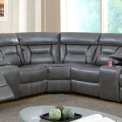Brand New Grey Leather Reclining Sectional Sofa