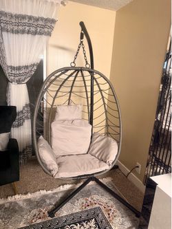 Hanging Egg Chair With Stand, Rattan Wicker Egg Chair With Cushion Headrest, Outdoor Indoor Egg Swing Chair With Dual Chains, 350LBS Capacity For Pati