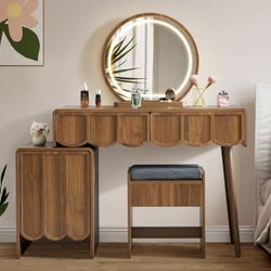 Vanity Desk with Mirror and Lights, Modern Wood Wave Panel Vanity Desk Set Makeup Table with Drawers and Cabinet, Dressi 