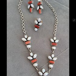 GORGEOUS STERLING SILVER CORAL AND PEARL SET TAP TO SEE FULL SIZE 