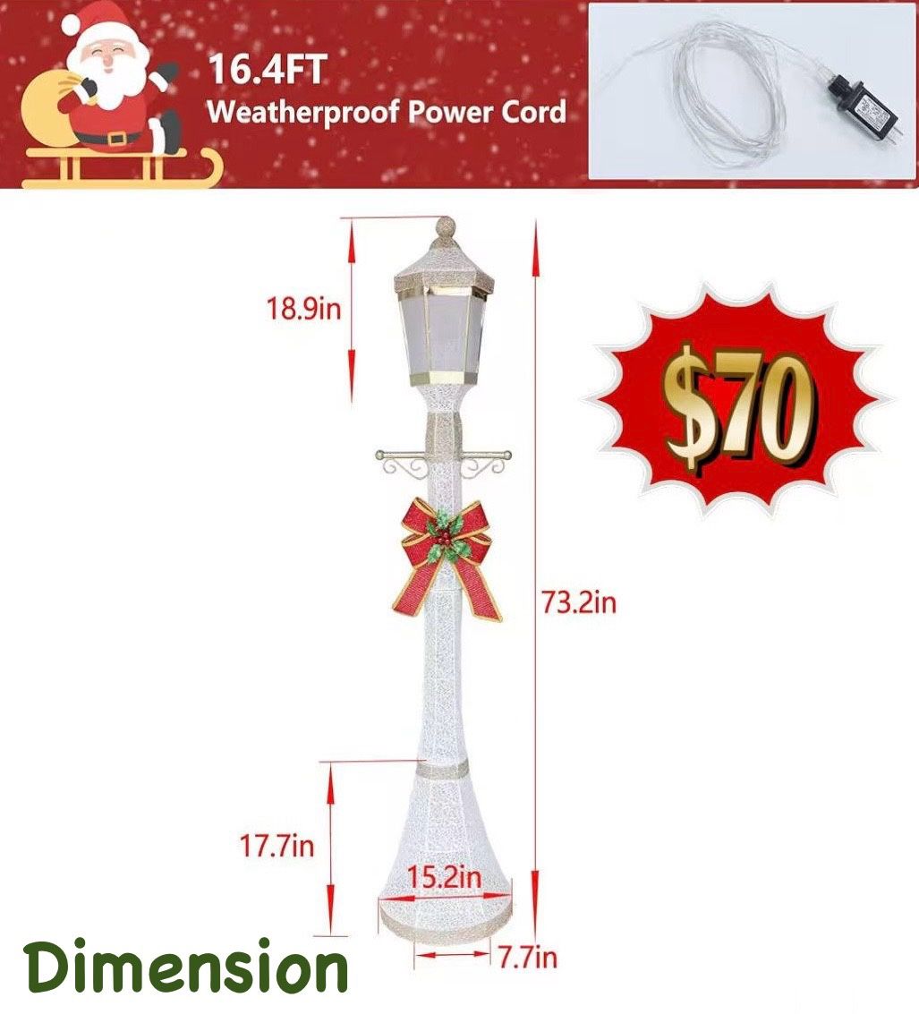 😀 6FT Lighted Freestanding Lamp Post for Christmas Decoration, Pre-Lit Iridescent Post Lamp with 120 LED Lights & Removable Bow, Outdoor 3D Glittered