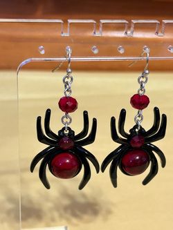 Black Spider Dangle Earrings with Red Beads