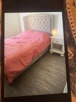 Night stand, grey head board, foam mattress, storage drawers on the sides