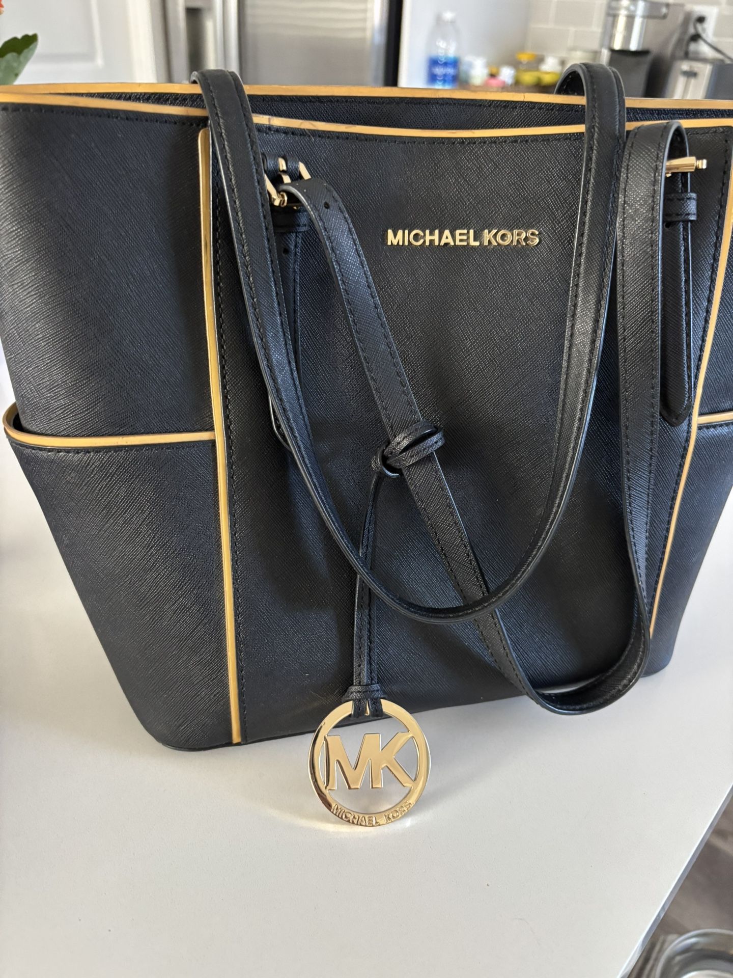 Michael Kors Black Leather Tote Handbag Purse With Gold Trim