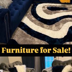 🛋️ 2-Piece Navy Blue Upholstered Sectional & 🪑 2 Large Light Gray Upholstered Sofa Chairs