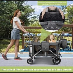 Stroller Wagon for 2 Kids, Foldable Push-Pull Rod Wagon Featuring 2 High Seats 